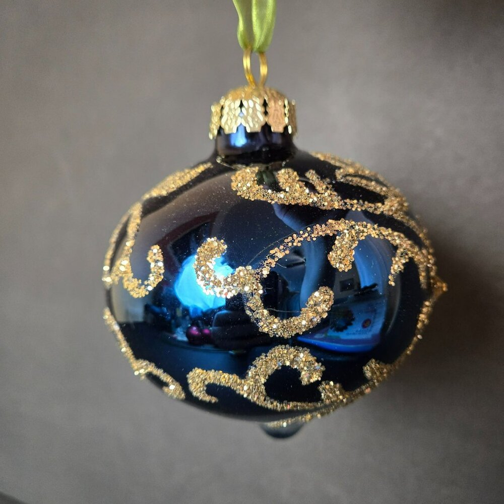 Frontgate Blue Gold Glitter Swirl Glass Ornament 4 Inch Hand Decorated Holiday - Picture 2 of 8